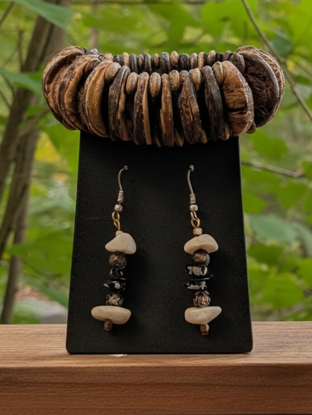 Natural Jewelry Set: Handmade Natural Stone Earrings & Wood Bracelet